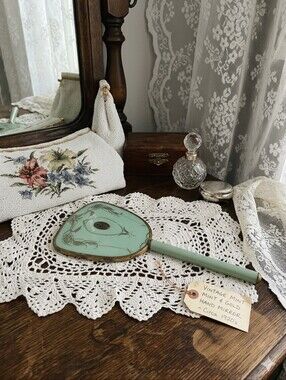 Antique 1920s Art Deco Sage Green Celluloid Hand Mirror - Floral Medallion